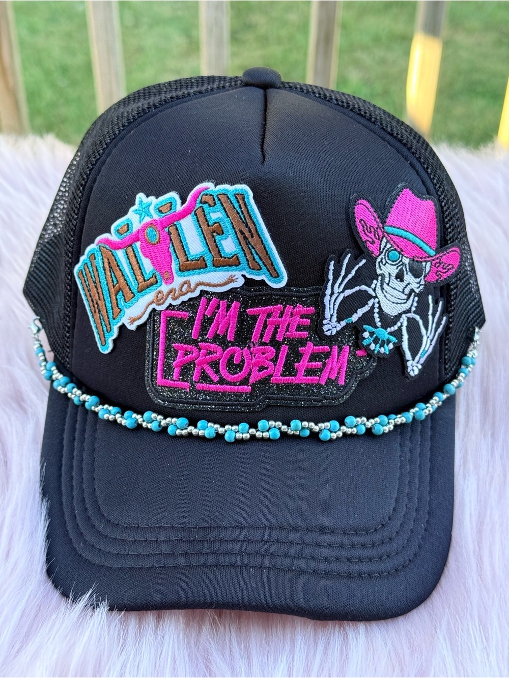 Wallen Black Trucker Hat with Pink Accents